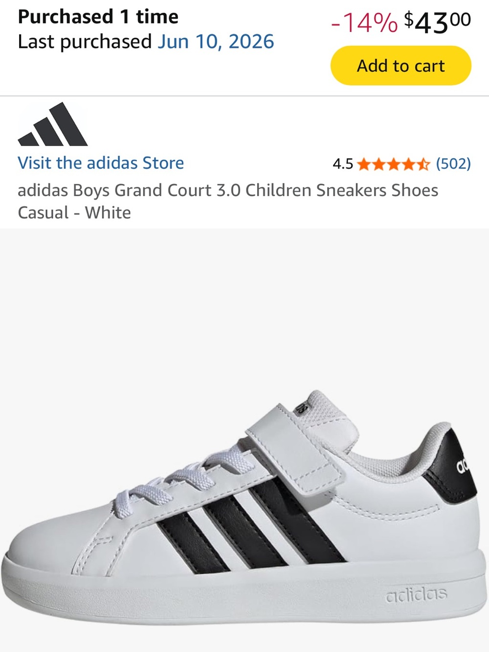 NWT IN BOX ADIDAS KIDS 10.5 White Sneakers with Black Stripes